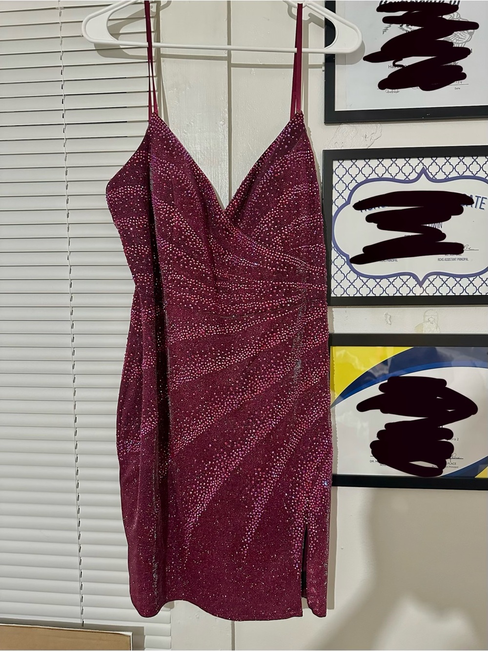 Embellished Burgundy Mini Slip Dress with V-Neck
